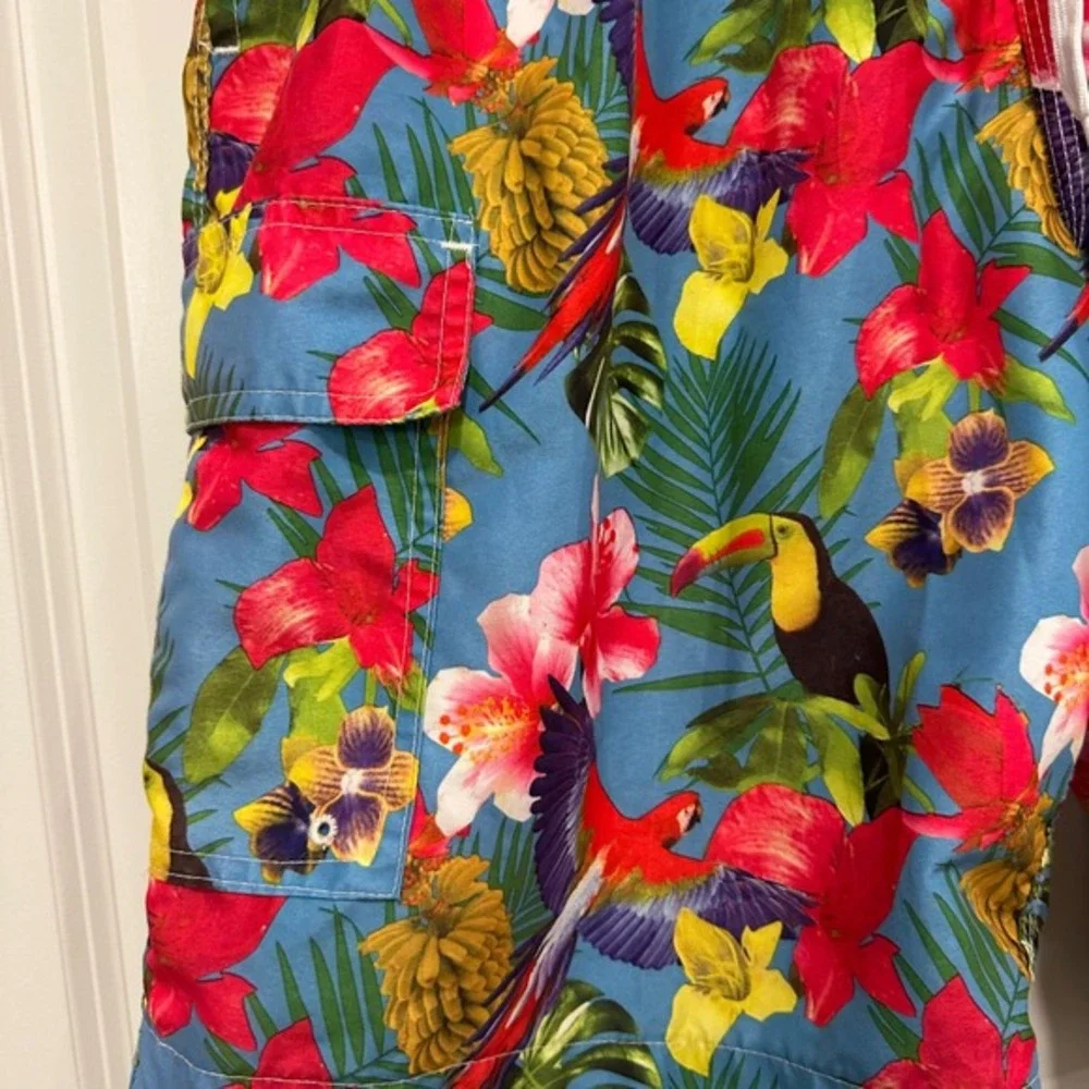 RS‎ Surf Mens Tropical Parrot Toucan Swim Trunks Blue Floral Board Shorts Large